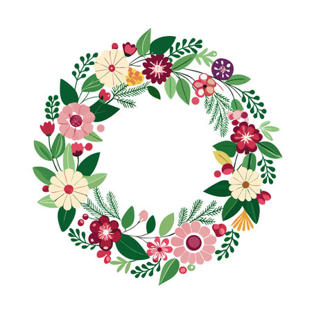 Floral Wreath Illustration with Botanical Elements in Pink, Burgundy, and Green Tonesのイラスト素材