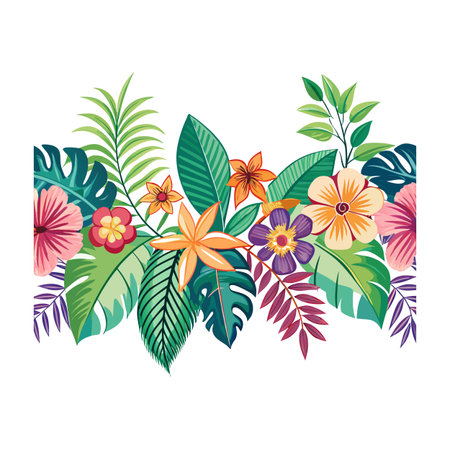 Vibrant Tropical Floral Border with Exotic Leaves and Colorful Flowers on White Backgroundのイラスト素材