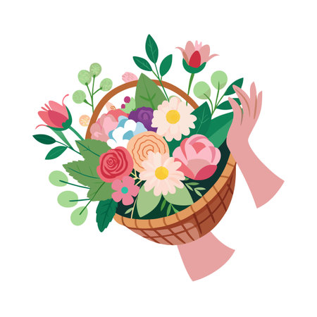 Hands holding a flower basket with roses and foliage on a white background.のイラスト素材