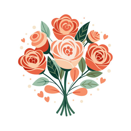Elegant floral bouquet of peach roses with green leaves isolated on white backgroundのイラスト素材