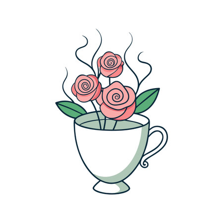 Stylized Roses in a Teacup Illustration Against White Background Ideal for Valentine's Dayのイラスト素材
