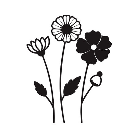 Elegant floral arrangement of stylized flowers with long stems in black and whiteのイラスト素材