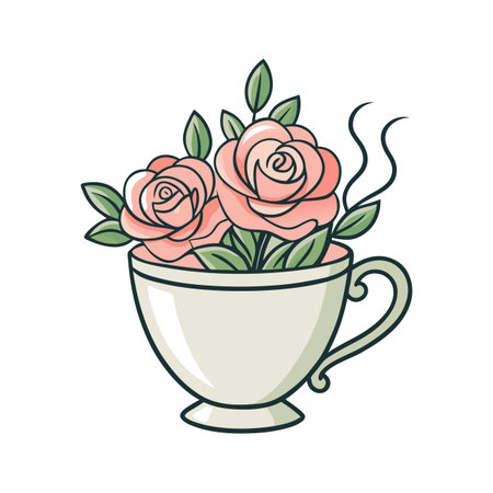 Elegant Roses in a Teacup: A Charming Floral Arrangement Still Life Illustrationのイラスト素材