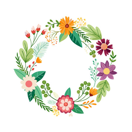 Floral wreath illustration with colorful flowers and foliage on a white backgroundのイラスト素材