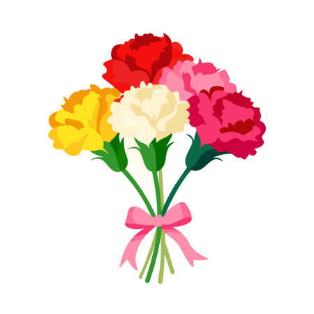 Cheerful bouquet of stylized carnations tied with a pink ribbon, flat vector styleのイラスト素材