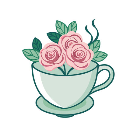 Delicate teacup filled with roses and greenery illustration on white backgroundのイラスト素材