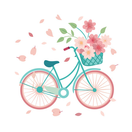 Retro bicycle with flower basket, isolated on white background, flat vector illustrationのイラスト素材