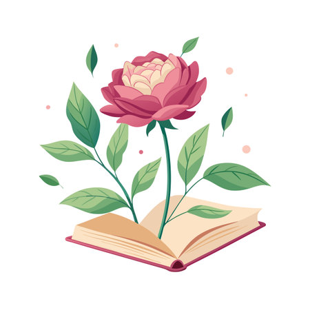 Peony flower growing from an open book illustration, vector formatのイラスト素材