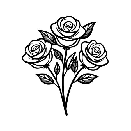 Three elegant black and white roses bouquet with leaves on a white backgroundのイラスト素材