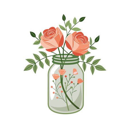 Peach roses in a jar vector illustration with green leaves and other little flowersのイラスト素材