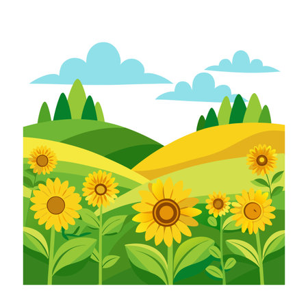 Cartoon sunflower field landscape with rolling hills and blue sky illustrationのイラスト素材