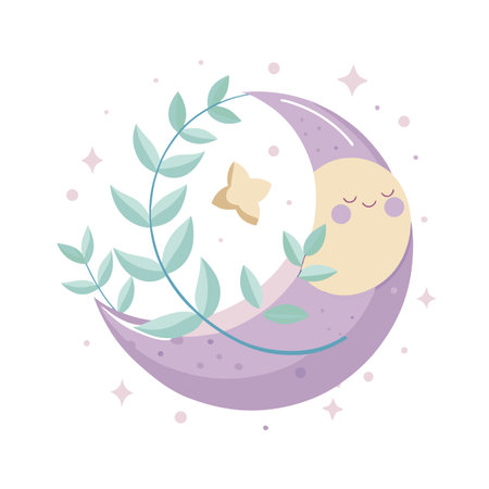 Cute Crescent Moon with Sleeping Face and Foliage Illustration in Pastel Colorsのイラスト素材