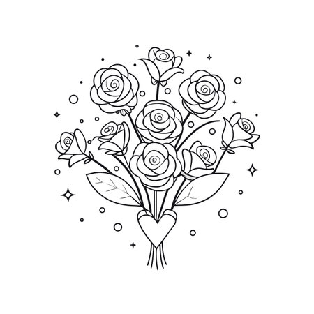 Elegant line art bouquet of roses tied with a heart, isolated on whiteのイラスト素材