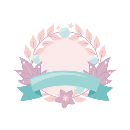Pastel floral wreath with ribbon banner for text and graphic design projectsのイラスト素材