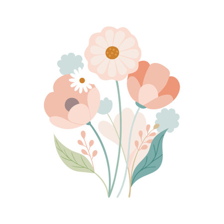 Elegant floral arrangement with delicate pastel flowers and botanical elements on a white backgroundのイラスト素材