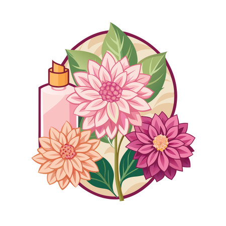 Elegant cosmetic bottle with floral arrangement of dahlias and leaves against a circular backgroundのイラスト素材