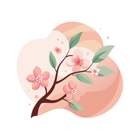 Vector illustration of blooming cherry branch with pink flowers and pastel background shapesのイラスト素材