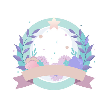 Pastel Floral Wreath with Ribbon Banner and Star Embellishment for Celebrationのイラスト素材