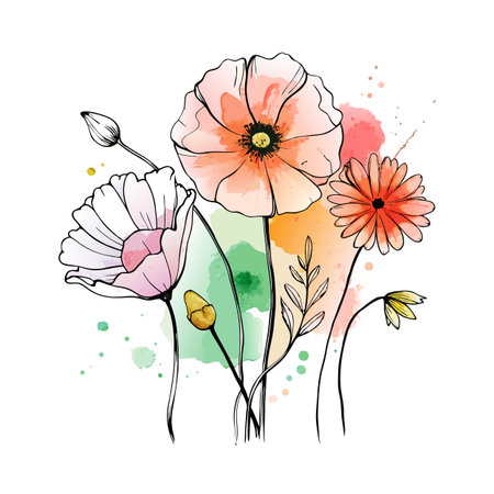 Watercolor Floral Bouquet with Black Outlines on a White Background, Delicate and Freshのイラスト素材