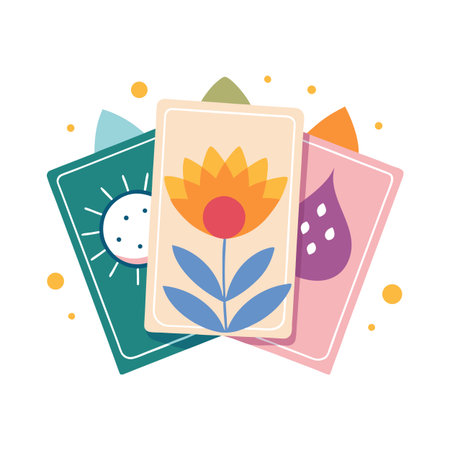 Flat vector illustration of stacked stylized cards depicting different artistic abstract elementsのイラスト素材