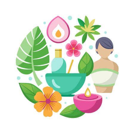 Flat vector illustration of spa and wellness elements arranged in a circle on white backgroundのイラスト素材