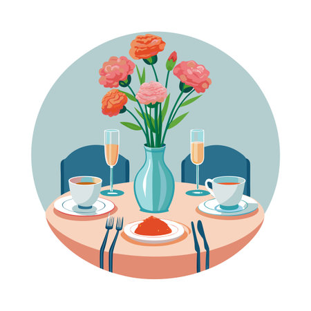 Romantic dinner table setting with carnations, champagne, coffee and delicious meal in a circle illustrationのイラスト素材