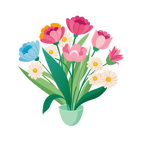 Vibrant floral arrangement in a mint green vase against a white backgroundのイラスト素材