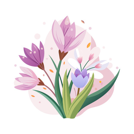 Elegant Floral Arrangement with Lavender and White Flowers in Flat Vector Styleのイラスト素材