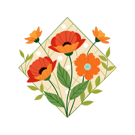 Floral design with poppies and leaves in a diamond shaped frame on whiteのイラスト素材