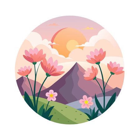 Pastel landscape illustration with flowers and mountains, perfect for nature or springtime themed projectsのイラスト素材