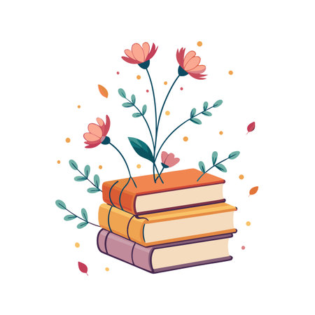 Stack of Books with Flowers Illustration on White Background for Educational or Creative Designsのイラスト素材