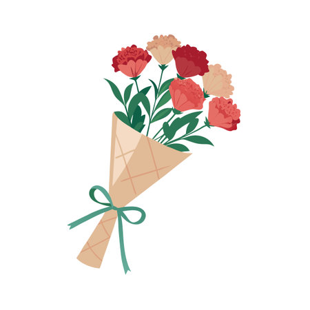 Stylized Bouquet of Carnations Wrapped in Paper with Ribbon on White Backgroundのイラスト素材