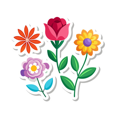 Floral sticker collection of rose, daisy, and aster on a white backgroundのイラスト素材