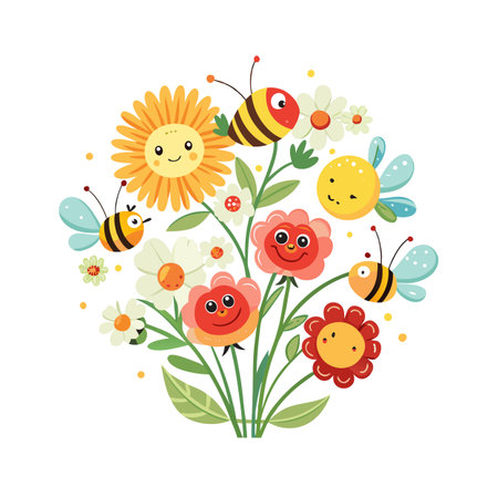 A bouquet of cheerful flowers and bees with cute faces, flat vector illustrationのイラスト素材