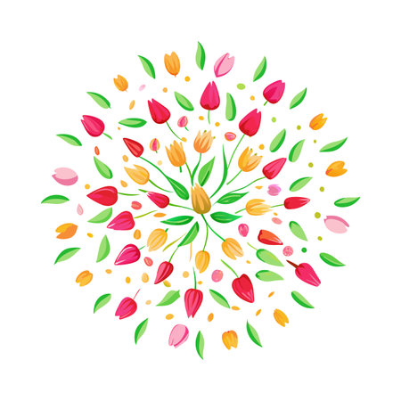 Bright and cheerful floral design featuring tulips and leaves in a radial arrangement on white backgroundのイラスト素材