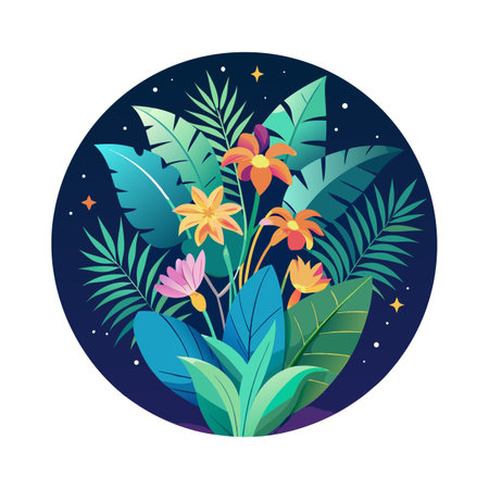 Tropical floral arrangement with vibrant colors in a circular frame against a dark blue starry backgroundのイラスト素材