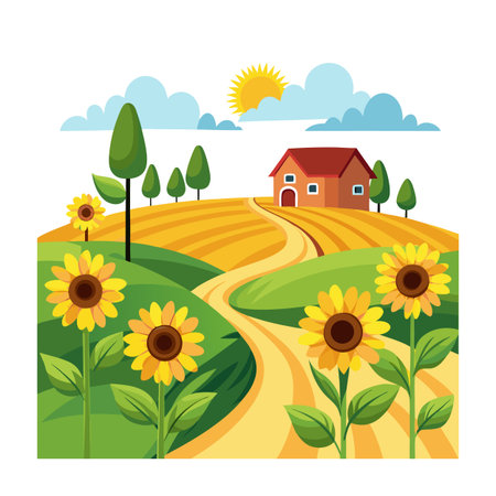 Cartoon landscape with sunflowers, rolling hills, pathway leading to the house under skyのイラスト素材