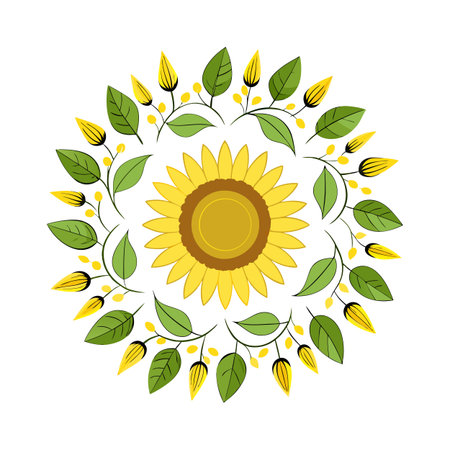 Sunflower floral vector design with repeating circular pattern on white background.のイラスト素材
