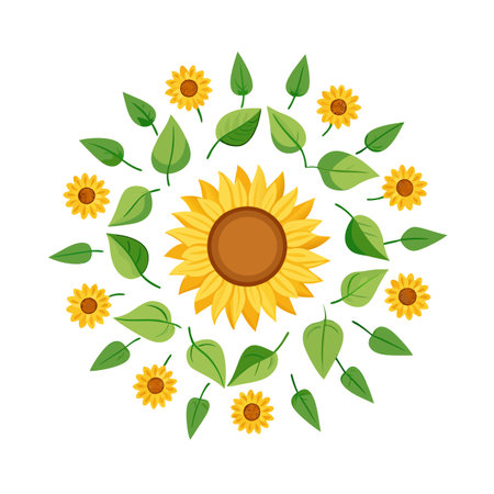 Vector illustration of sunflowers and leaves arranged in a circular mandala designのイラスト素材