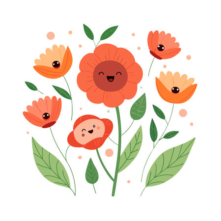Cute floral cartoon arrangement featuring smiling flowers and green leaves on a white background.のイラスト素材