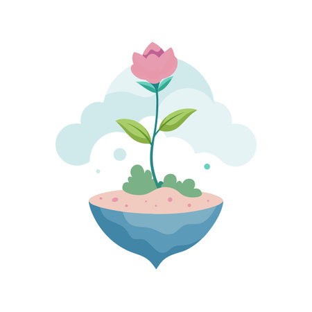 Pink Flower Illustration on Floating Island with Cloudy Sky Background for Graphic Designのイラスト素材