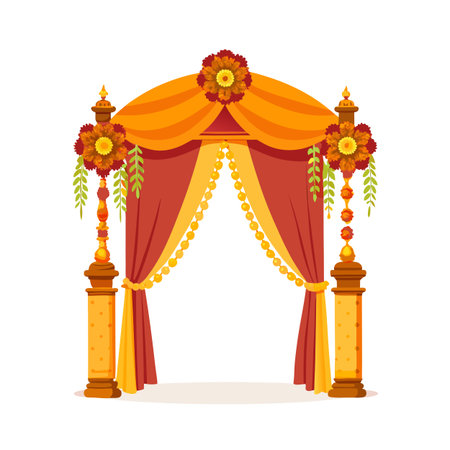 Ornate Wedding Mandap with Floral Decorations and Draped Fabrics for Indian Ceremonyのイラスト素材