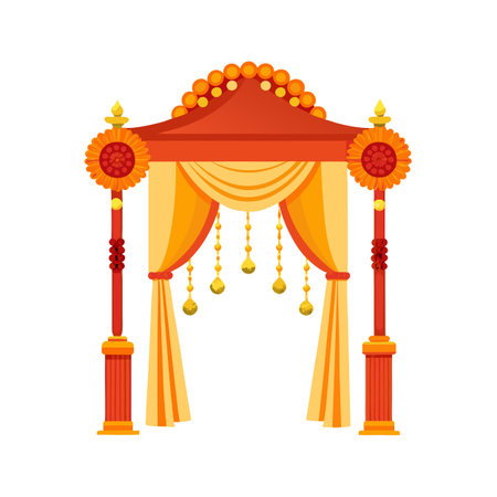 Ornate wedding mandap with draped fabric and decorative elements, isolated on whiteのイラスト素材