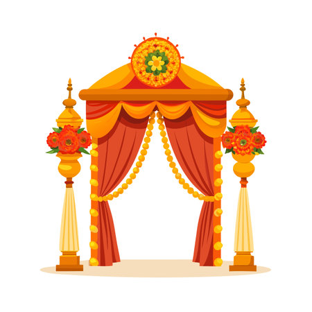 Ornate Indian wedding arch with floral decorations and draped orange fabricのイラスト素材