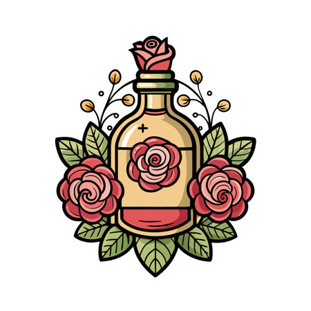 Vintage Potion Bottle with Roses and Berries in Tattoo Art Styleのイラスト素材