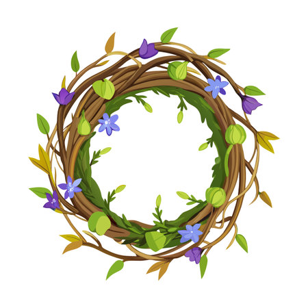 Floral Wreath Illustration with Blossoms Leaves and Twigs for Springtime Decorationのイラスト素材