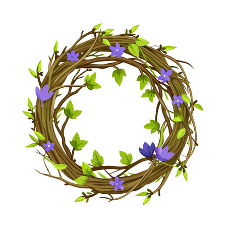 Cartoon style nature wreath with green leaves and purple flowers for spring or summer designsのイラスト素材