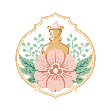 Elegant perfume bottle and stylized flower emblem vector graphic on white backgroundのイラスト素材