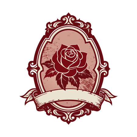 Elegant rose emblem with ornate frame and scroll, romantic vintage illustrationのイラスト素材