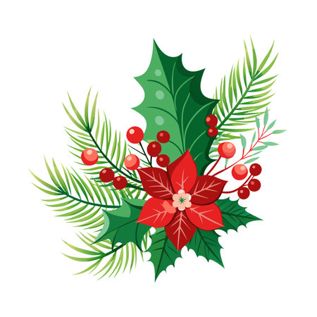 Festive Holiday Arrangement with Poinsettia, Holly, Berries and Pine Branches on Whiteのイラスト素材